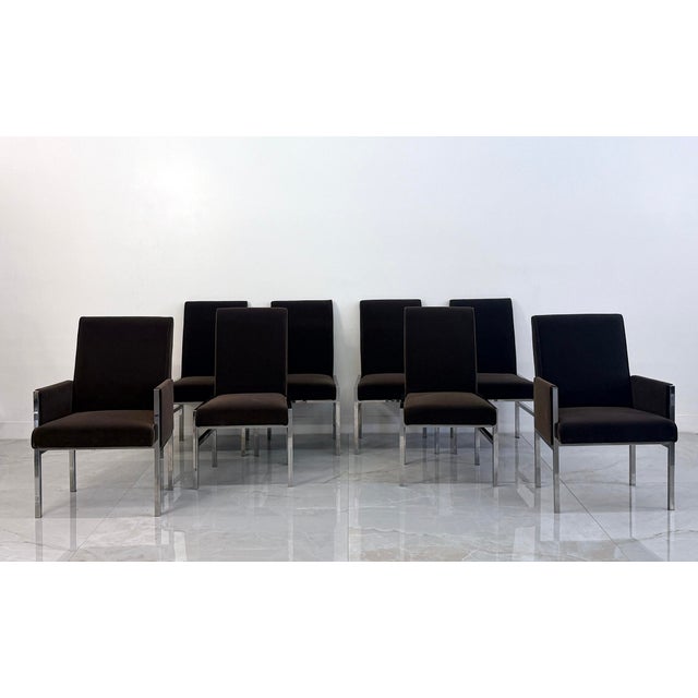 1970s Leon Rosen Chrome Dining Chairs, Set of 8, Rohleder Chocolate Velvet, 1970's For Sale - Image 5 of 7