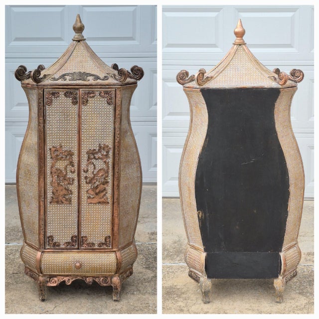 Unusual 20th Century Chinoiserie Pagoda Top Bombe Form Cane 2-Door Storage Cabinet For Sale - Image 10 of 12