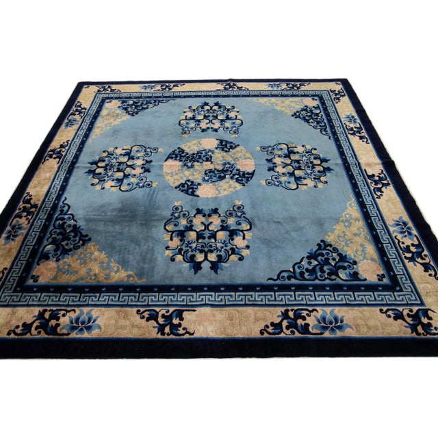 1920s 1920s Medallion Handmade Antique Chinese Peking Square Wool Rug in Blue For Sale - Image 5 of 7