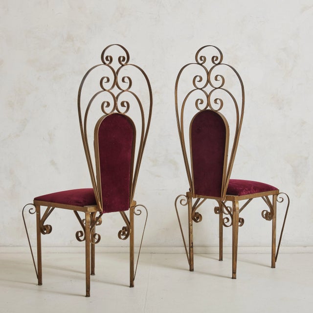 Mid 20th Century Bordeaux Velvet + Gilded Iron Sculptural Side Chairs, 20th Century - A Pair For Sale - Image 5 of 11