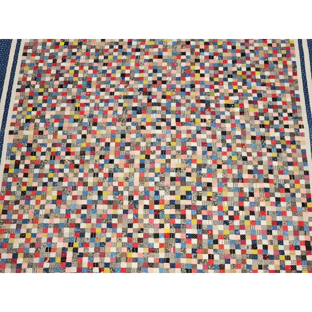 Vintage Hand Stitched and Hand Quilted Postage Stamp Quilt in Blue, Ivory, Red For Sale - Image 9 of 12