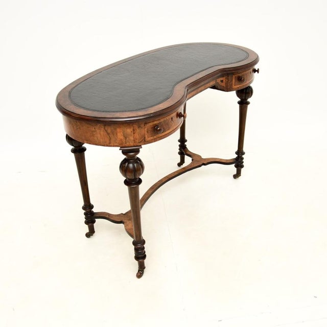 Antique Victorian Kidney Shaped Desk in Burr Walnut with Leather Top, 1860 For Sale - Image 3 of 11