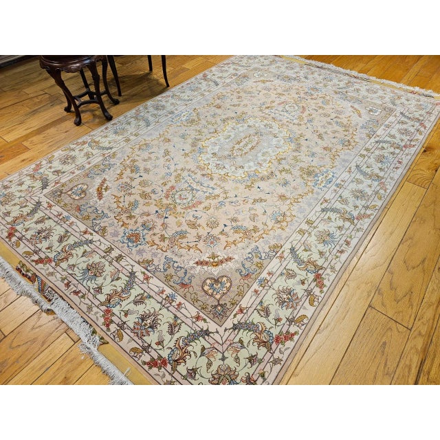Persian Tabriz Rug, Handwoven Floral Design, Silk Highlight, Taupe & Pale Green, 7’ X 10’ For Sale - Image 10 of 12