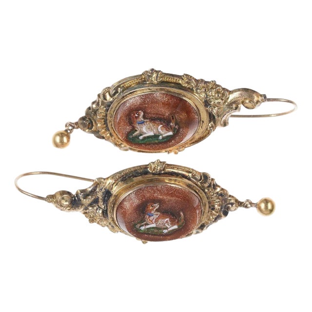 C1890 Victorian 14k Micro-mosaic Dog Earrings For Sale