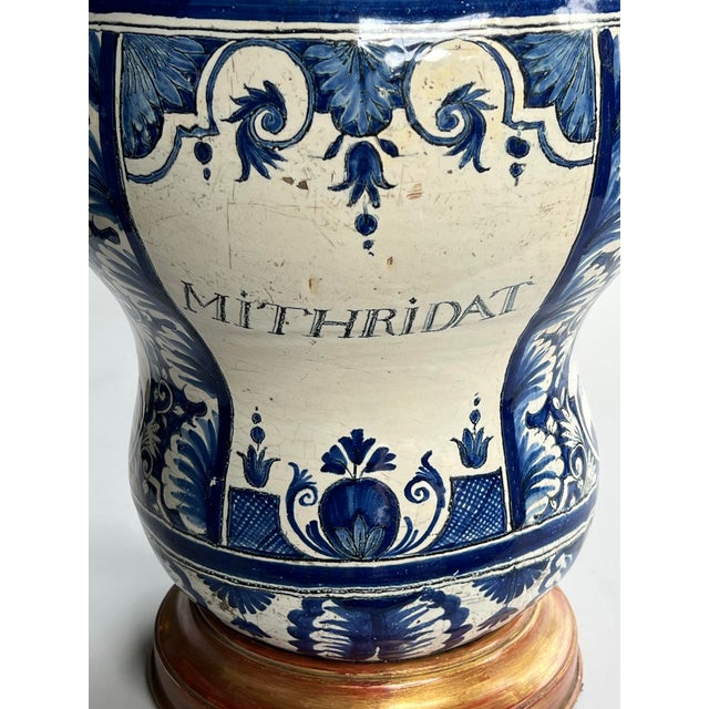 Ceramic French 18th Century Faience Blue & White Apothecary Jar Now Mounted as a Lamp For Sale - Image 7 of 11