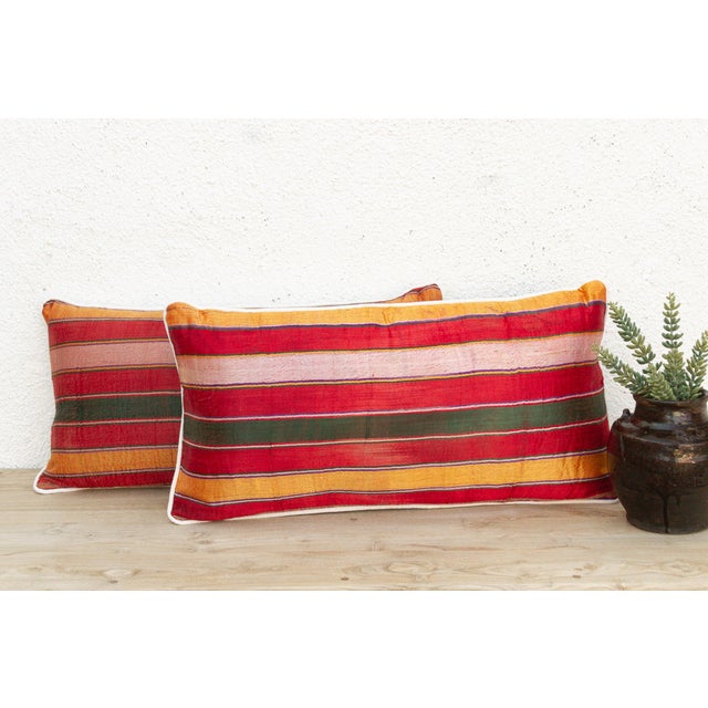 Indian Pair of Mandvi Mashru Lumbar Pillows For Sale - Image 3 of 9