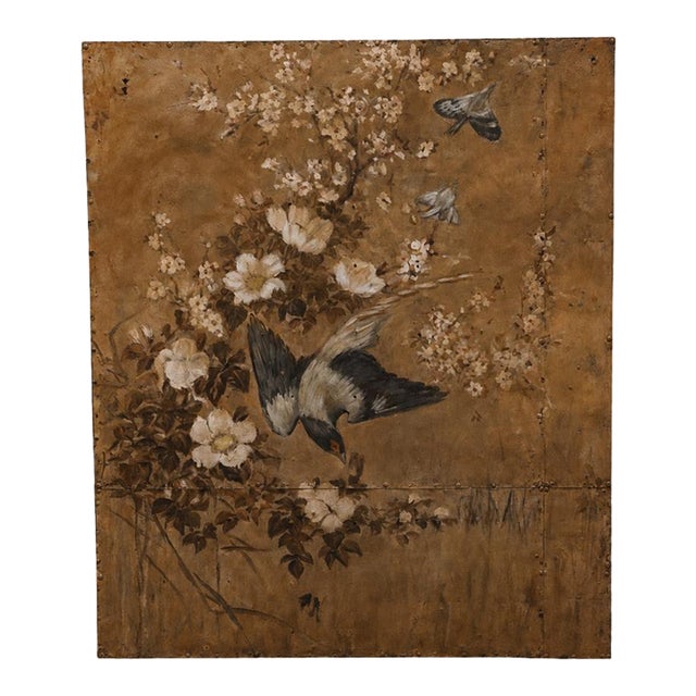 20th Century Vietnamese Metal-on-Wood Blue Bird Panel For Sale
