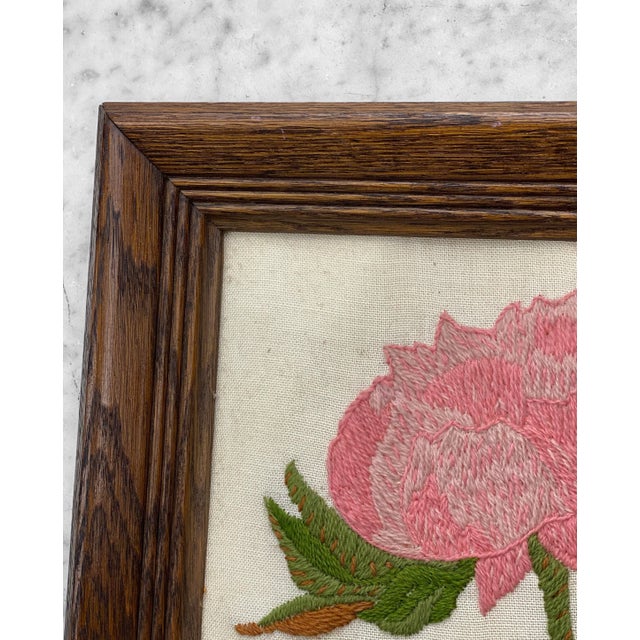 Mid-Century Modern Crewel Embroidery Stitched Pink Rose Floral Art Wall Hanging For Sale - Image 6 of 11