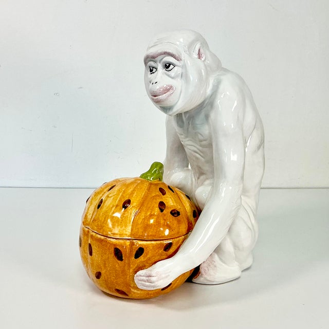 1940s Vintage Majolica Chinoiserie Hollywood Regency Figural Monkey Holding Pumpkin Gourd For Sale - Image 10 of 18