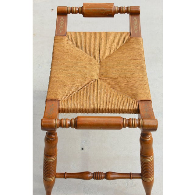Brown Vintage Hitchcock-Style Maple Bench With Woven Rush Seat & Gold Stenciling For Sale - Image 8 of 18