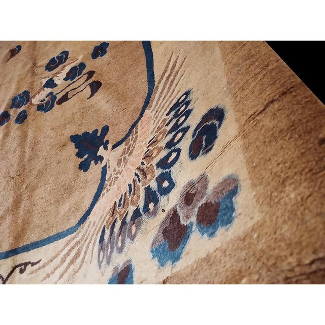 Textile 1900s Antique Camel Field Peacock Pattern Chinese Peking Knotted Rug 8' X 9' 10" For Sale - Image 7 of 7
