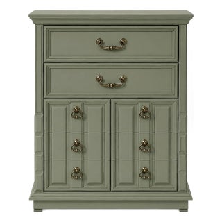 Vintage Sagewood Green Five-Drawer Dresser With Antique Brass Hardware For Sale