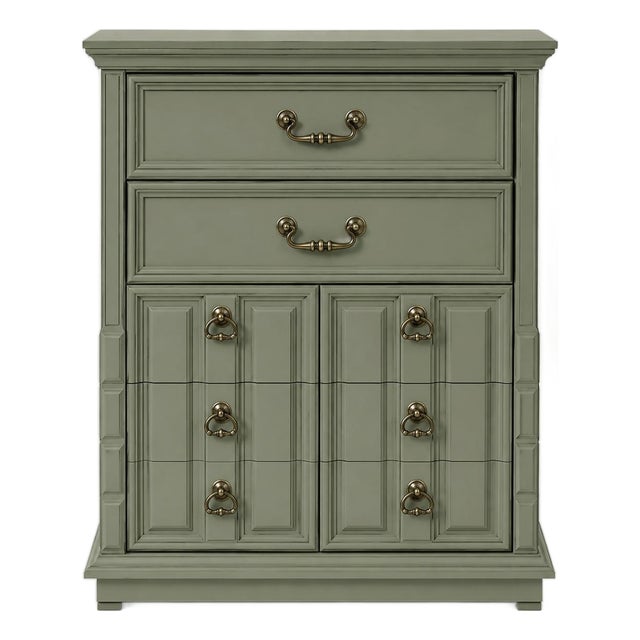 Vintage Sagewood Green Five-Drawer Dresser With Antique Brass Hardware For Sale