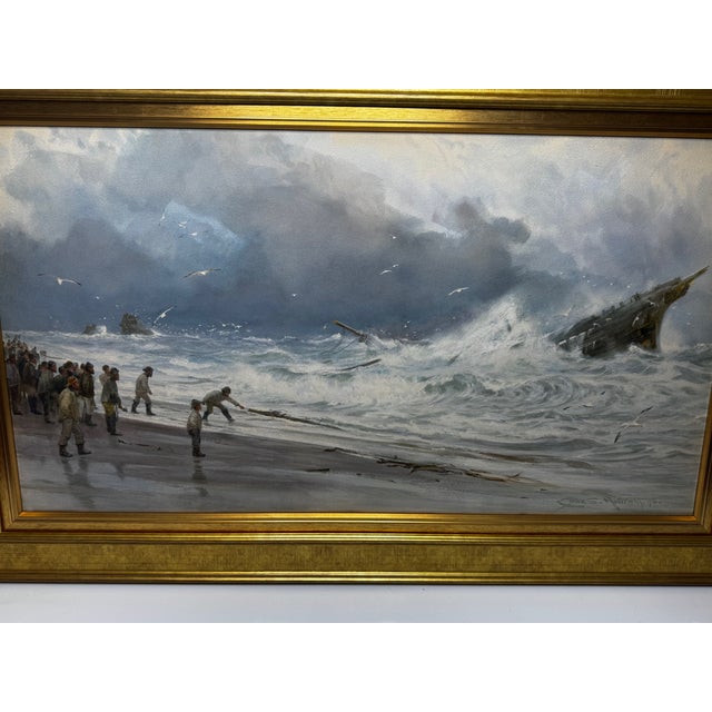 Wood Large Gilt Framed Victorian Painting High Tide Off Trebarwith Strand Beach Dramatic Cornish Shipwreck by Charles Sim Mottram Rba, c.1894 For Sale - Image 7 of 18