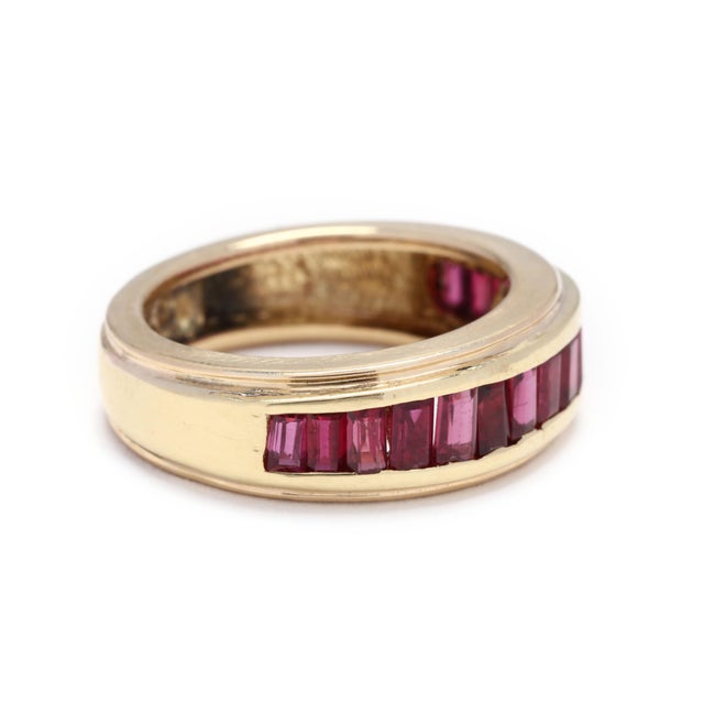 Modern 1.68ctw Baguette Ruby Channel Band Ring, 18k Yellow Gold, Ring Size 5.25 For Sale - Image 3 of 5