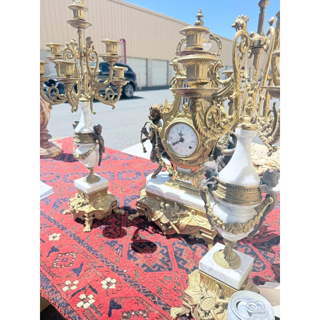 Stone Vintage Imperial Italian-Style Gilt Metal, Marble & Cherub Clock Garniture Set For Sale - Image 7 of 10