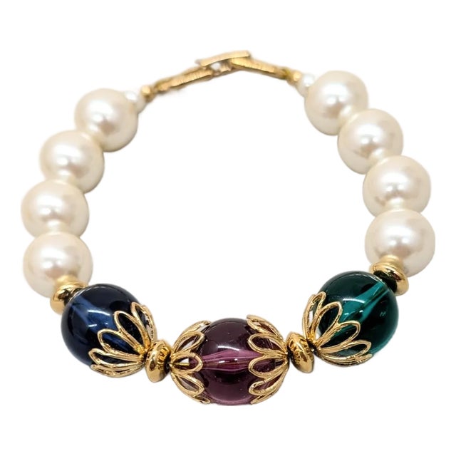 Vintage Signed Napier Jewel-Tone Rhinestone & Faux-Pearl Beaded Bracelet, 1991 For Sale
