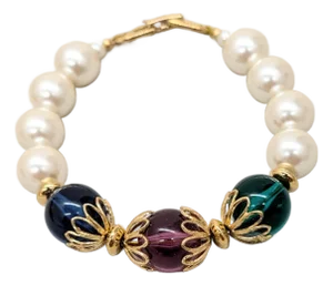 Vintage Signed Napier Jewel-Tone Rhinestone & Faux-Pearl Beaded Bracelet, 1991