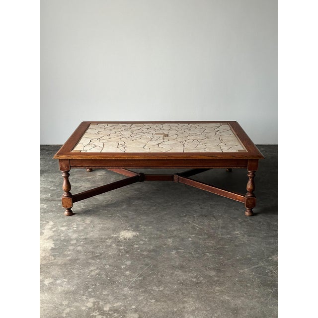 1970s Hand-Laid Stone Mosaic Coffee Table on Vintage Oak Trestle Base For Sale - Image 9 of 18