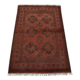 Turkmen Rug 3’4” X 4’11” Red Wool Tribal Hand-Knotted Oriental Carpet For Sale
