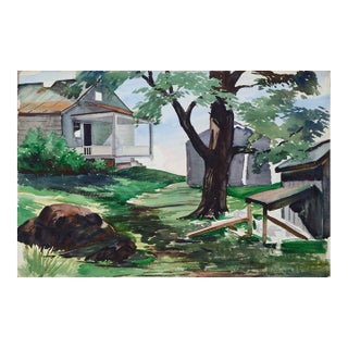 Mid-Century Scenic House With Tree Landscape Watercolor by Joseph Yeager For Sale