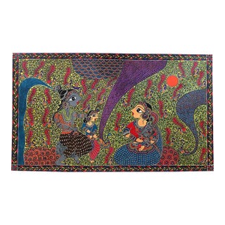Bharti Dayal Signed Shiva Family Hand-Painted Madhubani Folk Art Painting, 2019 – Large Original Canvas For Sale