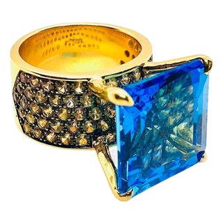 Bochic "Orient" Vintage Sapphire & Blue Topaz Ring Set In 18K Gold & Silver For Sale