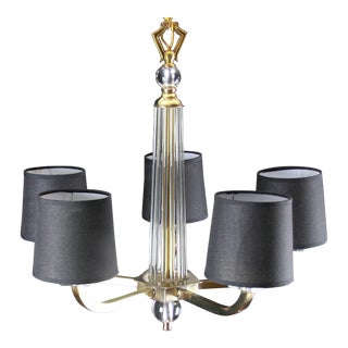 Jacques Adnet Mid-Century Brass and Lucite Chandelier Five Arms, Black Shades, France For Sale