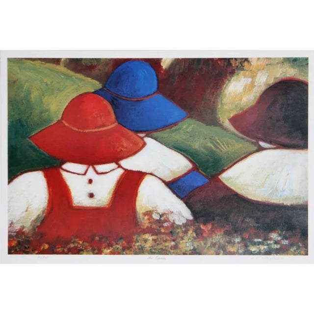 Arranged alongside one another, three female figures donning various wide-brimmed hats that match their dresses stand with...