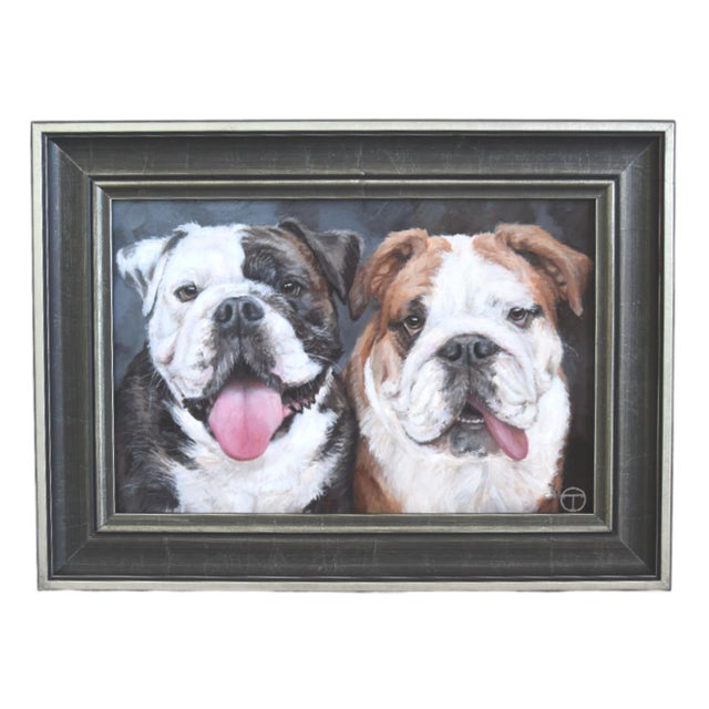 Two English Bulldog Portrait Painting Including the Black & Silver Wood Frame For Sale In Los Angeles - Image 6 of 6