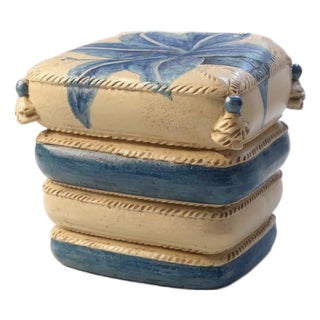 Italian Ceramic Stacked "Pillow" Garden Stool – Blue Lily For Sale