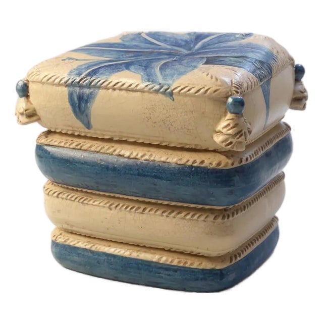 Italian Ceramic Stacked "Pillow" Garden Stool – Blue Lily For Sale