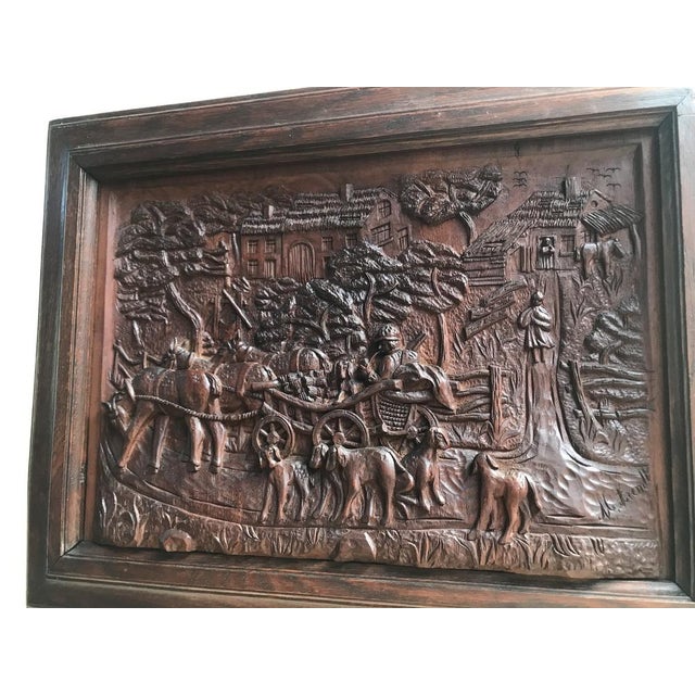 Brown Bas-Relief in Wood by M. Arendt for Village Scene, 1940s For Sale - Image 8 of 18