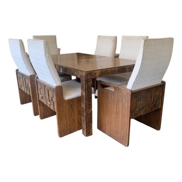 1970s Brutalist Walnut Dining Set by Lane - Set of 7 For Sale