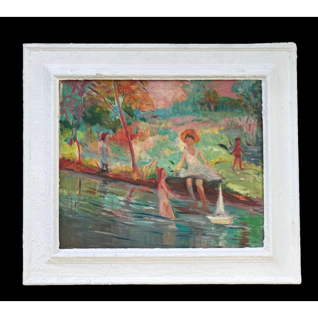 French Post-Impressionist School, "Figures on the River," oil on canvas, first half of the 20th century. The painting...