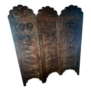 Mid 20th Century Exquisite Indonesian Solid Teak Screen – Hand-Carved Dragons & Floral Motifs For Sale