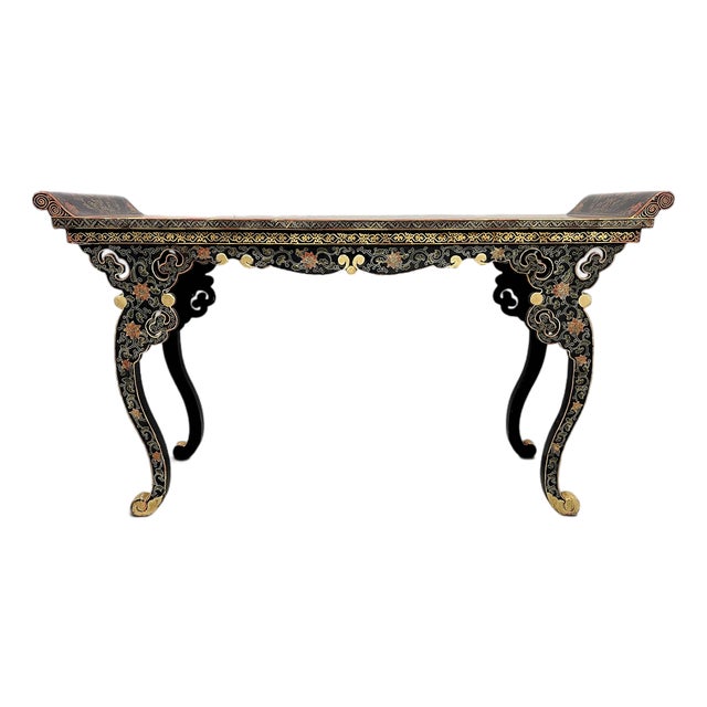 Antique Chinese Black Lacquer & Gilt Carved Console Table, C. 1890–1920 For Sale