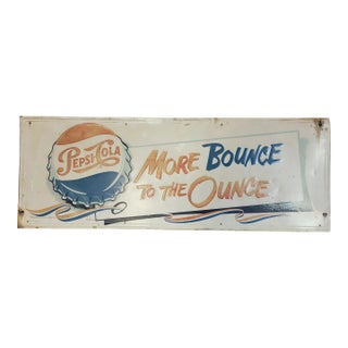 Original 1950's Vintage Pepsi Cola, More Bounce to the Ounce, Embossed Metal Sign With Large Bottle Cap For Sale