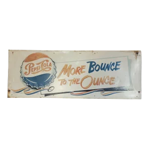 Original 1950's Vintage Pepsi Cola, More Bounce to the Ounce, Embossed Metal Sign With Large Bottle Cap