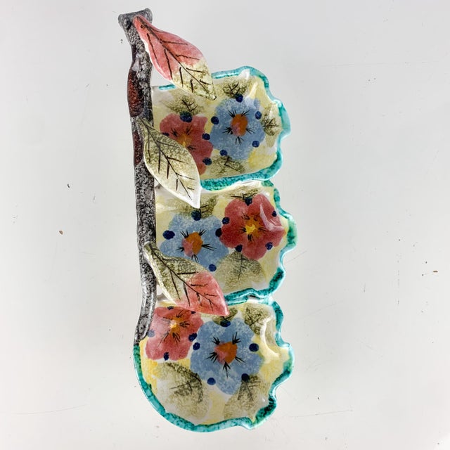 Ceramic Vintage Italian Divided Floral Pottery Nut Dish Hand Painted Signed Numbered For Sale - Image 7 of 10