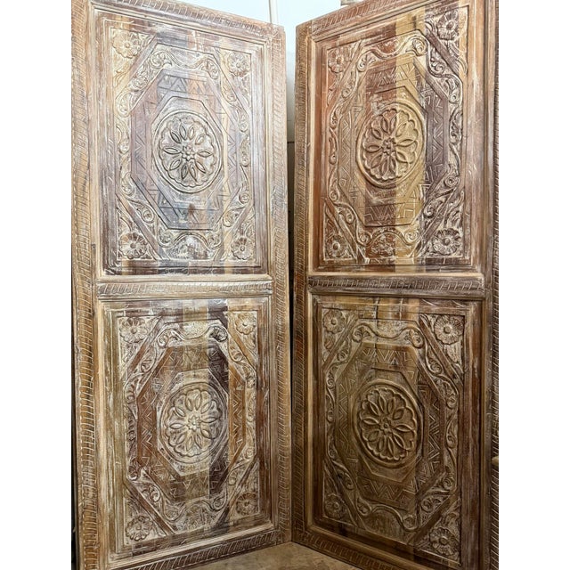 Mid-Century Modern Hand-Carved Double-Sided Solid Wood Doors With Octagon Rosette Motif | Antique Architectural For Sale - Image 3 of 5