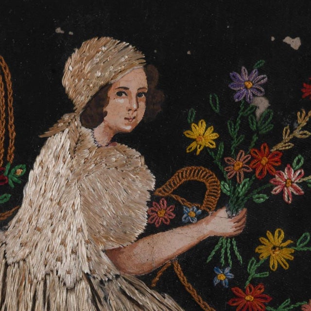 Folk Art Framed Crewel Work and Inlaid Straw Artwork of a Little Girl For Sale - Image 3 of 8