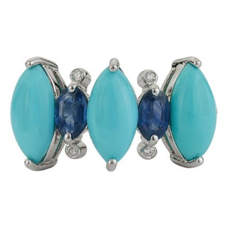 18k White Gold 3.31ct Turquoise, Blue Sapphire & Diamond Georgian Revival Ring Size 5 For Sale