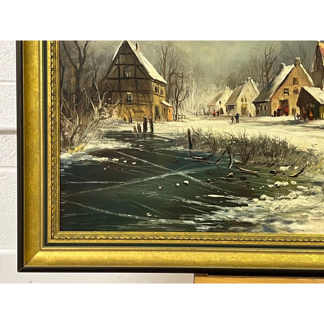European Village in Winter Snow with Figures & Frozen Pond by German Artist 1972 For Sale - Image 16 of 18