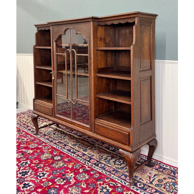 Antique English Bookcase Bookshelf Cabinet Glass Oak Queen Anne Legs 1920s-30s For Sale - Image 4 of 18