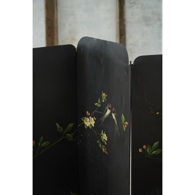 Hand-Painted Iron Folding Screen with Birds and Flowers, 1950s For Sale - Image 4 of 16