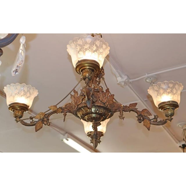 19th Century Bronze 4 Light Etched Glass Shade Gas Chandelier Gasolier For Sale - Image 4 of 18