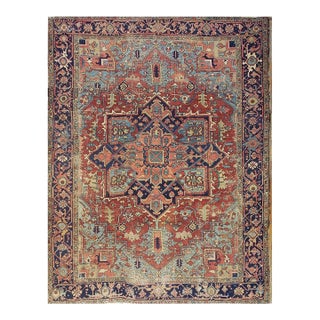 1890s Red Field Medallion Rustic Antique Heriz Knotted Wool Rug For Sale