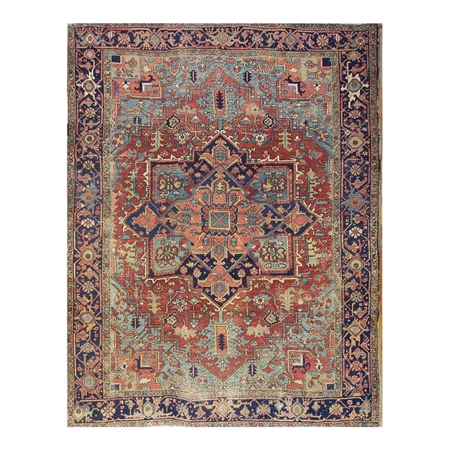 1890s Red Field Medallion Rustic Antique Heriz Knotted Wool Rug For Sale