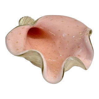Mid-Century Murano Pink & Gold Aventurine Bullicante Glass Conch Shell Dish For Sale
